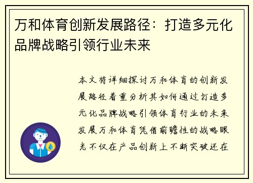 万和体育创新发展路径:打造多元化品牌战略引领行业未来 万和体育创新发展路径:打造多元化品牌战略引领行业未来